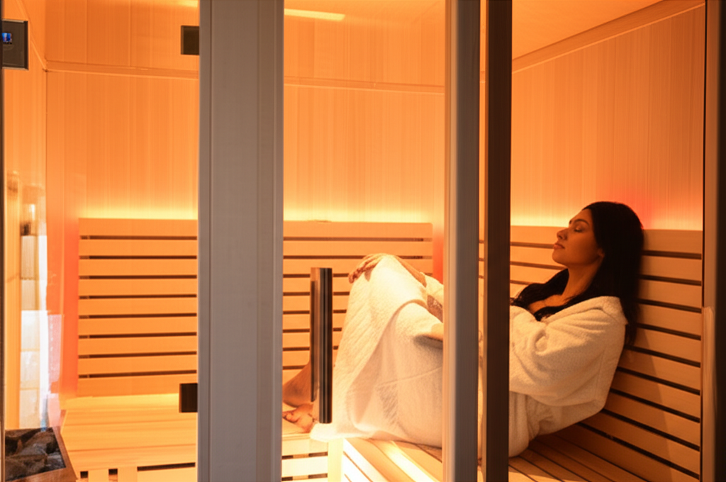 Relaxing in a modern wooden sauna
